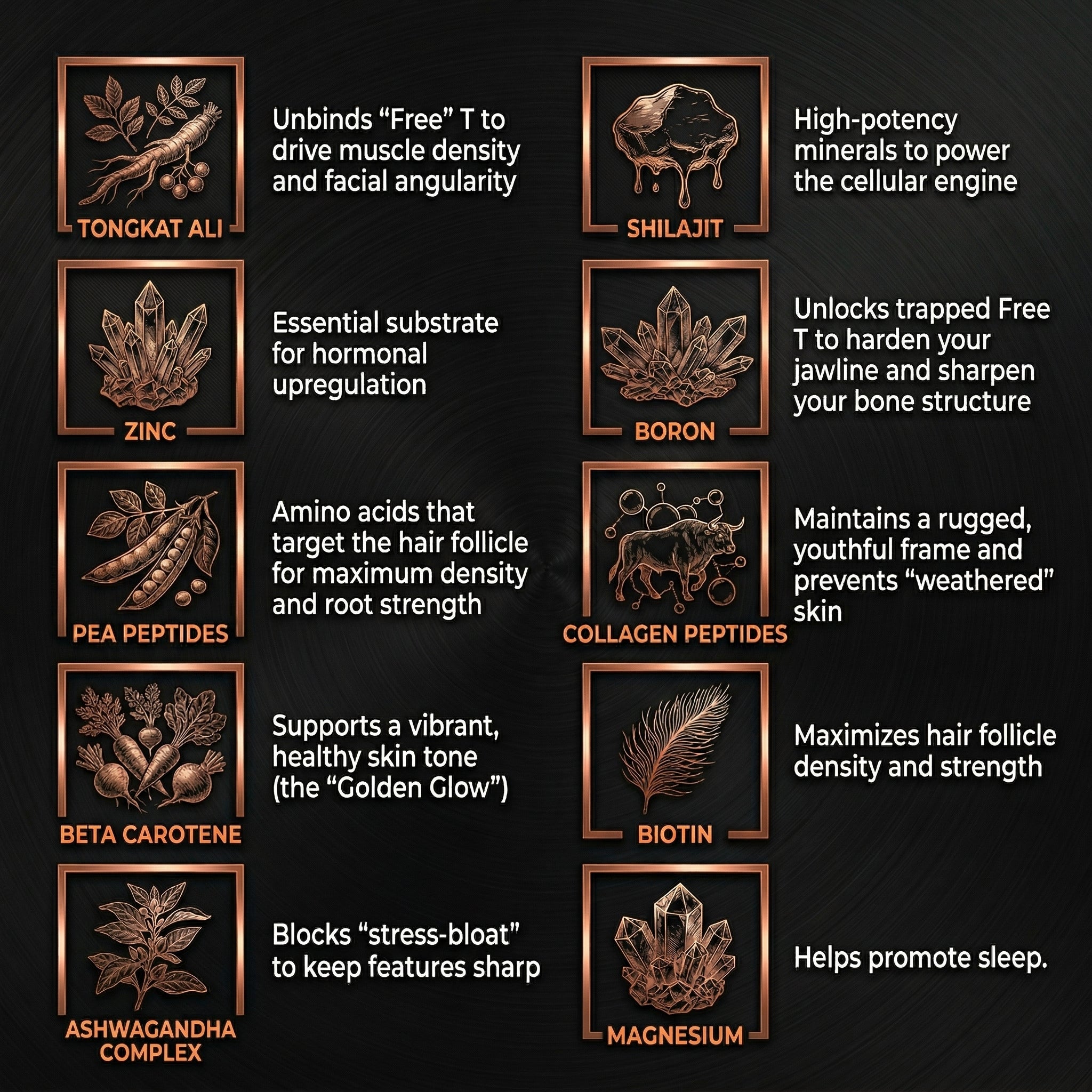 Illustrations of various natural ingredients with their health benefits on a dark background