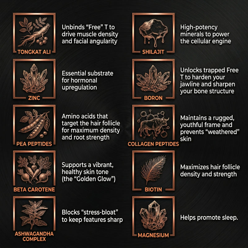 Illustrations of various natural ingredients with their health benefits on a dark background